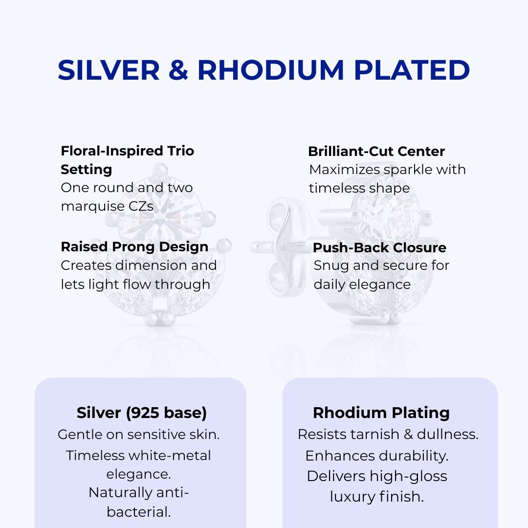 Silver Round Flora Earrings, Rhodium Plated