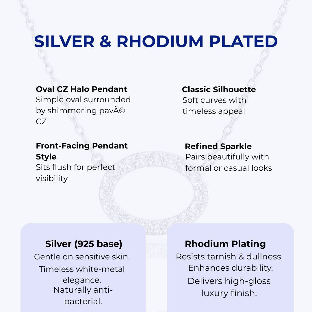 Silver Oval Necklace, Rhodium Plated