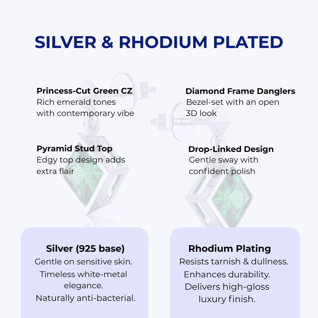 Silver Emerald Earrings & Rhodium Plated