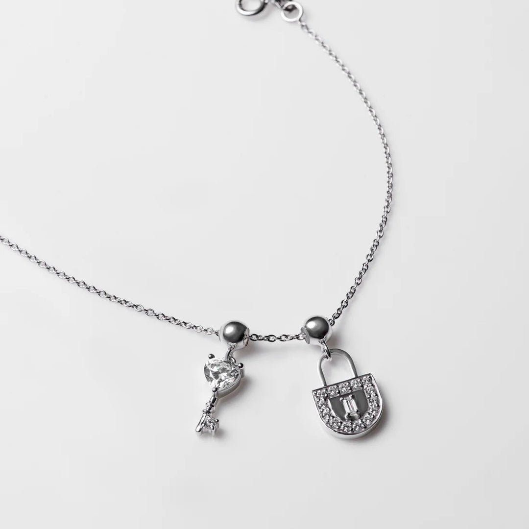 Silver Lock & Key Charm Bracelet, Rhodium Plated