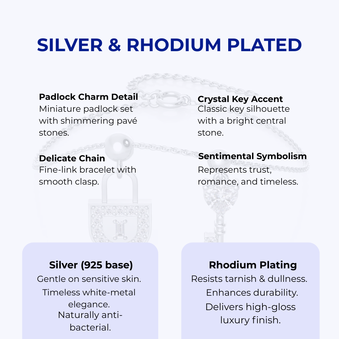 Silver Lock & Key Charm Bracelet, Rhodium Plated