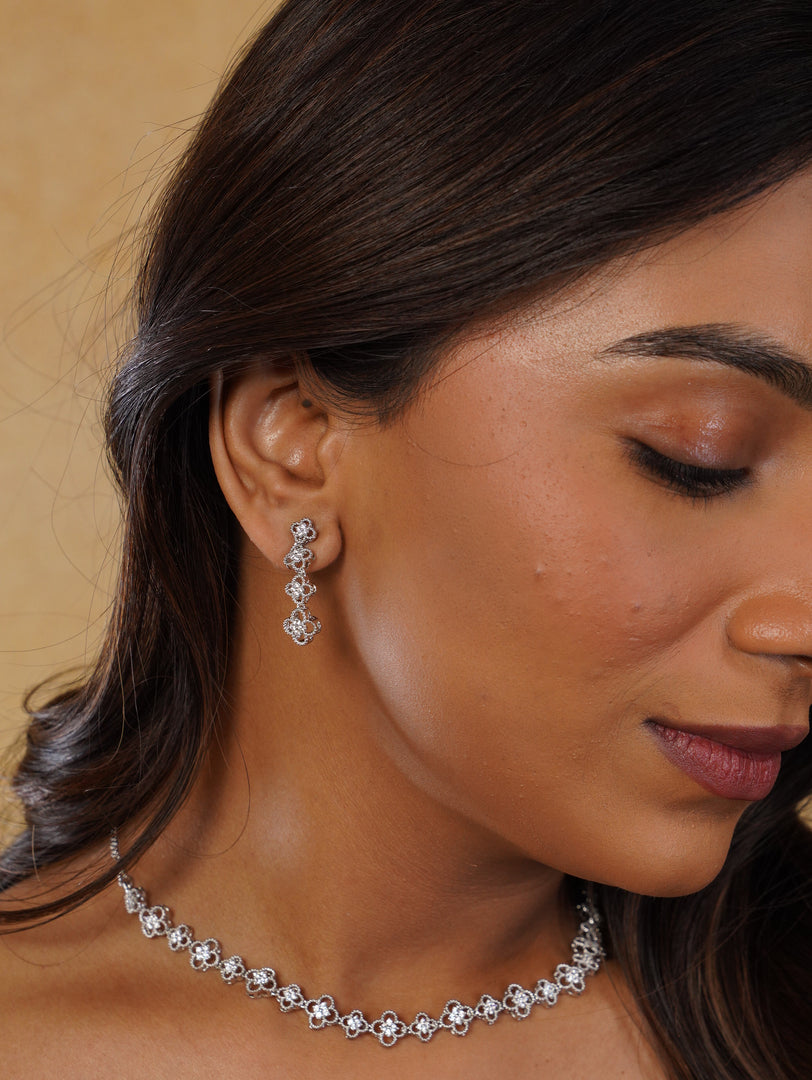 Flower Design Zircon Neckpiece With Earrings