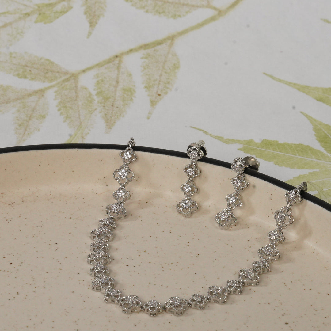 Flower Design Zircon Neckpiece With Earrings