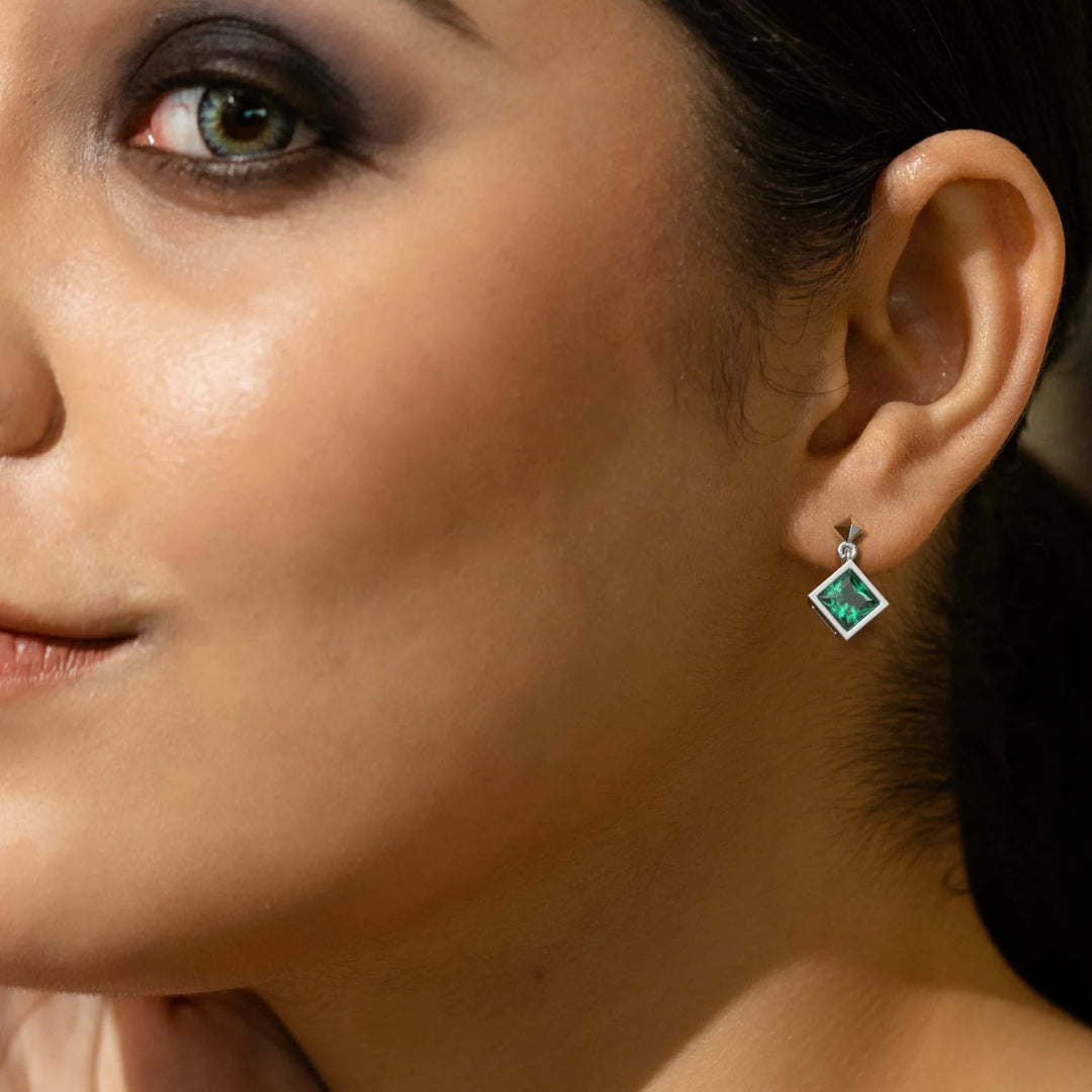 Silver Emerald Earrings & Rhodium Plated