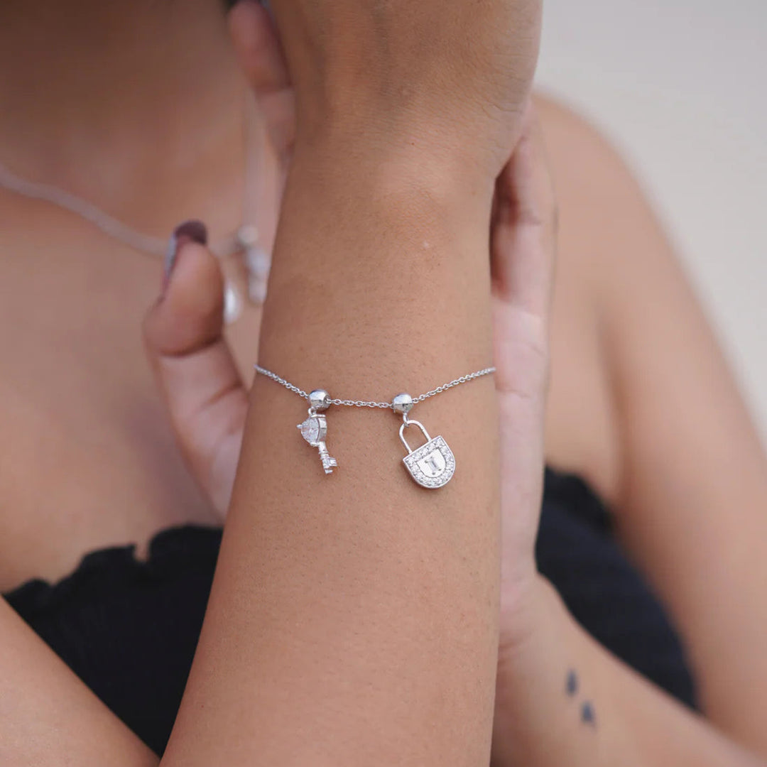 Silver Lock & Key Charm Bracelet, Rhodium Plated