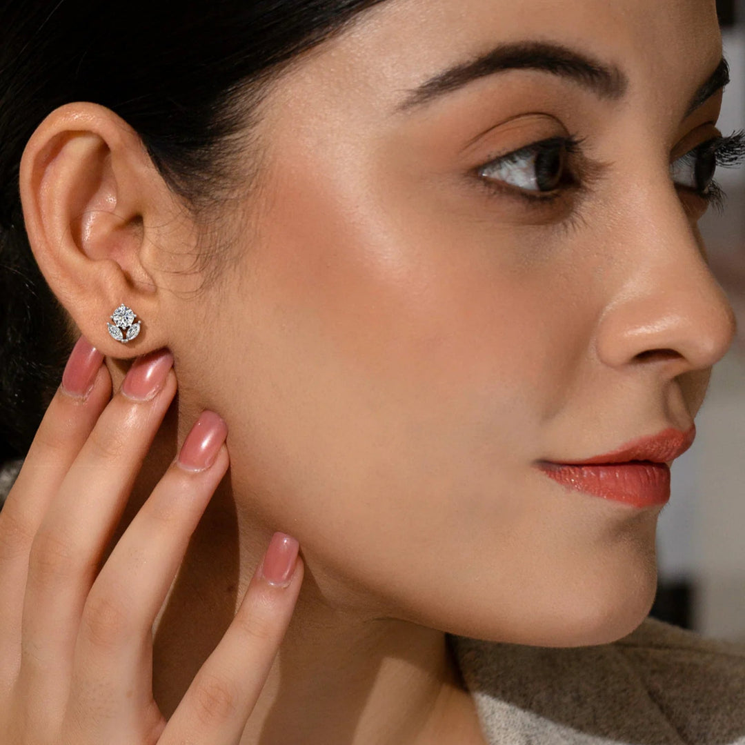 Silver Round Flora Earrings, Rhodium Plated