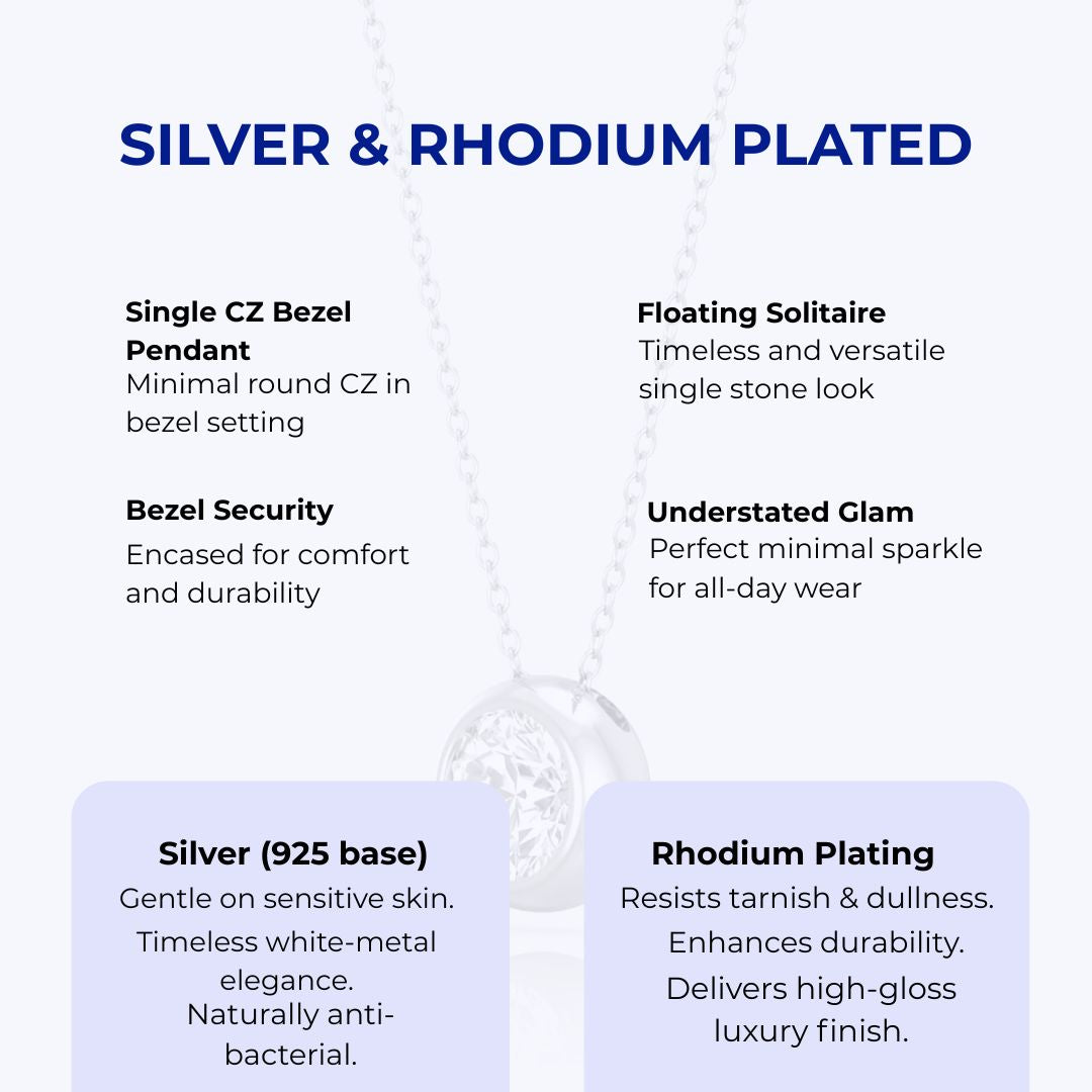 Silver Solitaire Necklace & Rhodium Plated