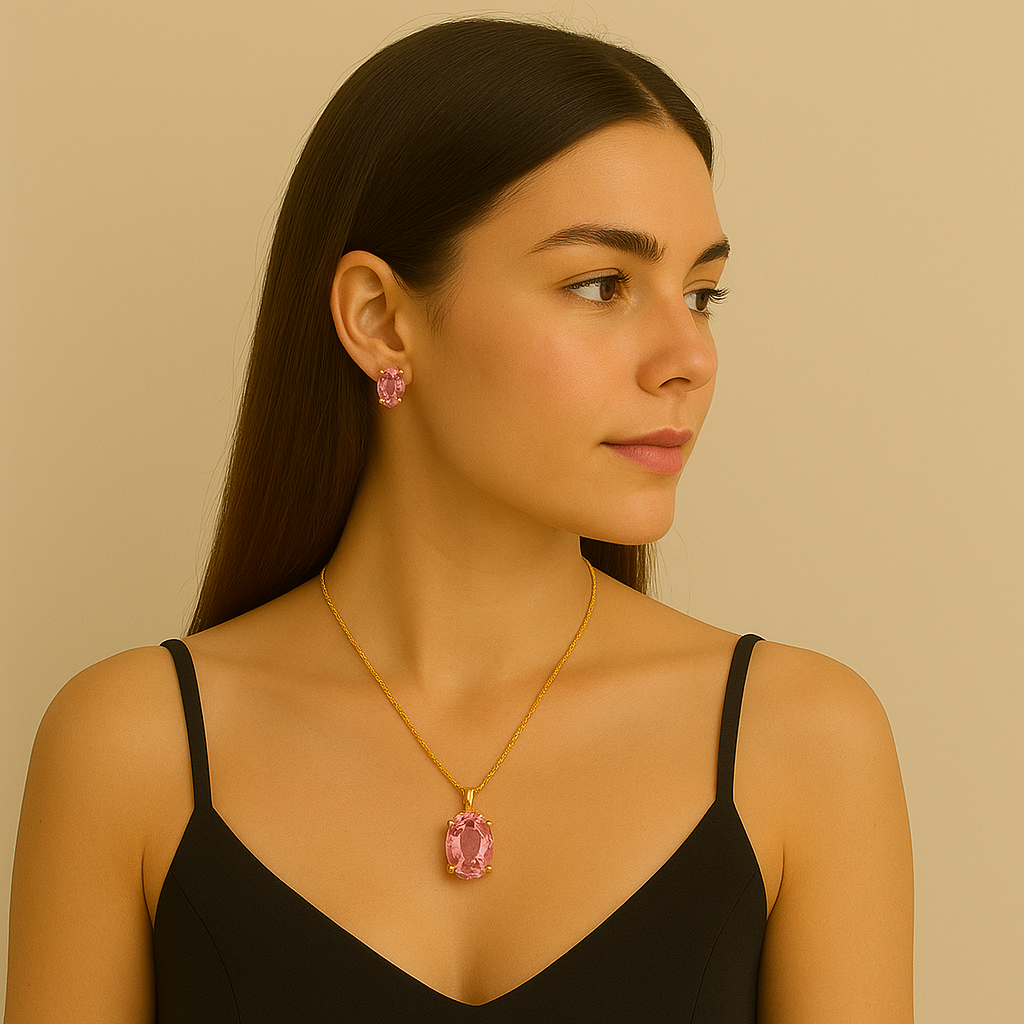 Elegant Pink Stone pendant & Stud Earrings Set
