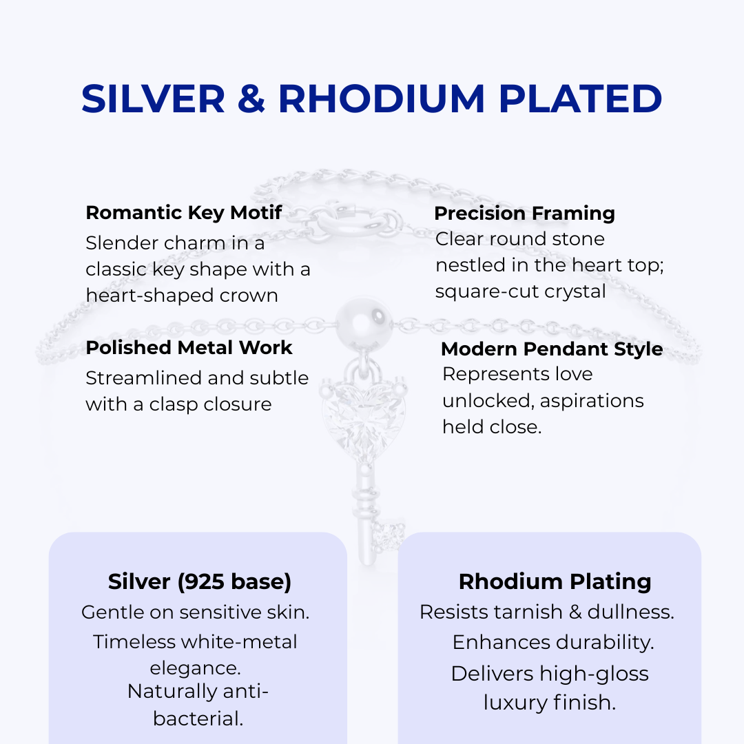 Silver Key Charm Bracelet, Rhodium Plated