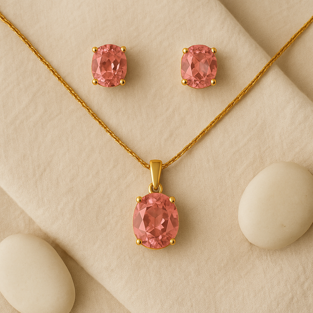 Elegant Pink Stone pendant & Stud Earrings Set