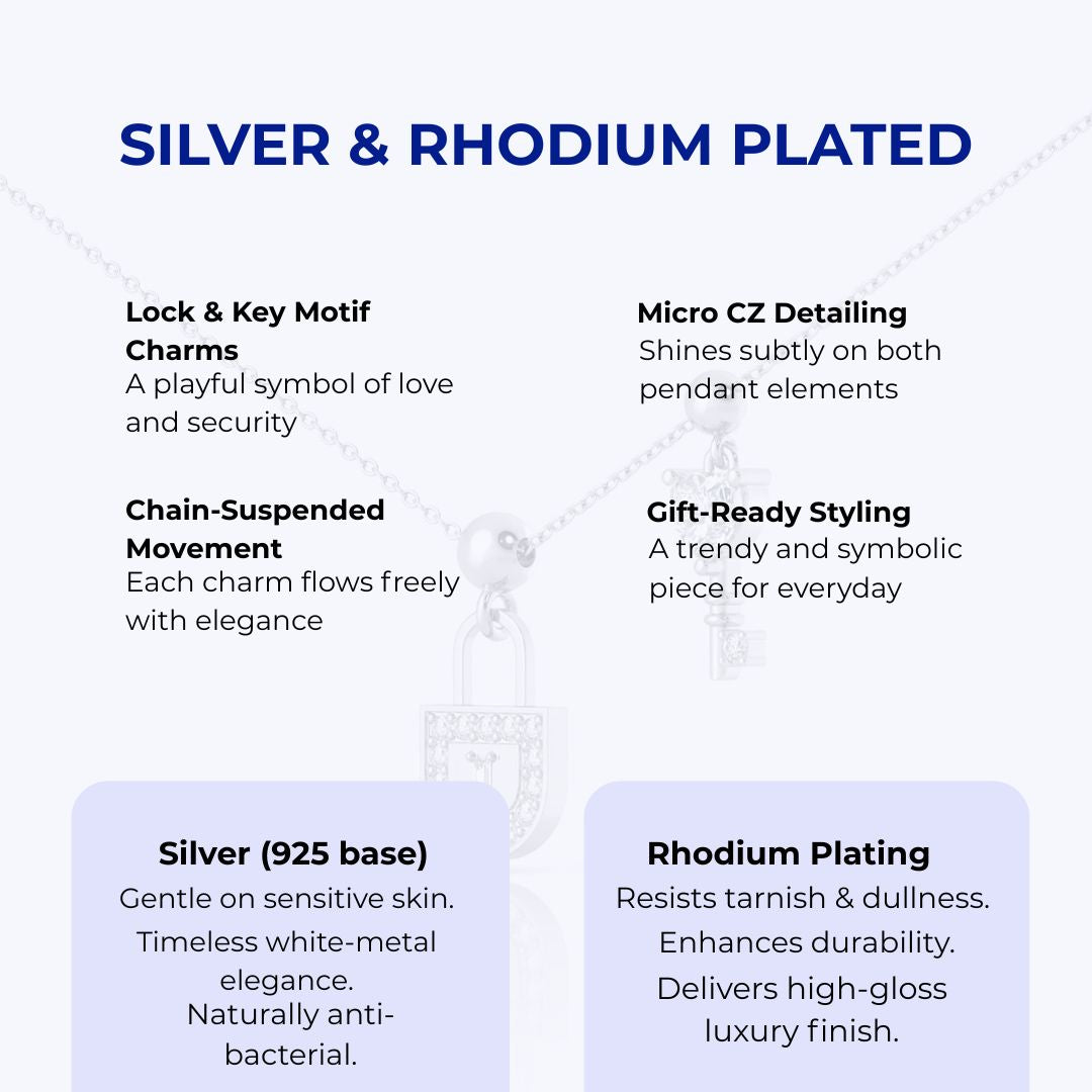 Silver Lock & Key Necklace, Rhodium Plated