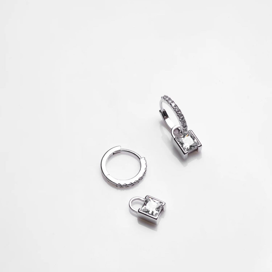 Silver Lock Hoop Earrings, Rhodium Plated