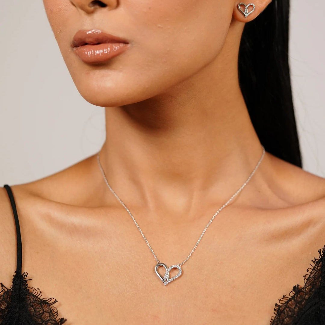 Heart Necklace Silver & Rhodium Plated Set
