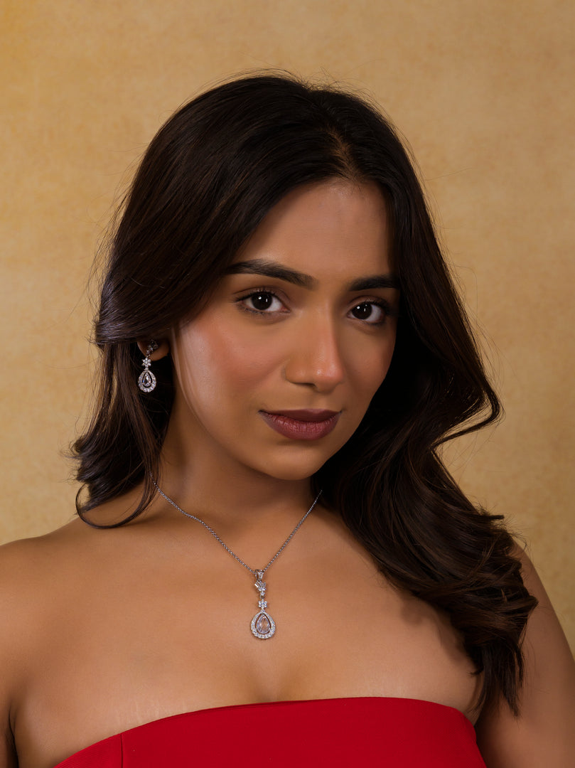 Oval Shaped Silver Zircon Pendant Necklace With Earrings