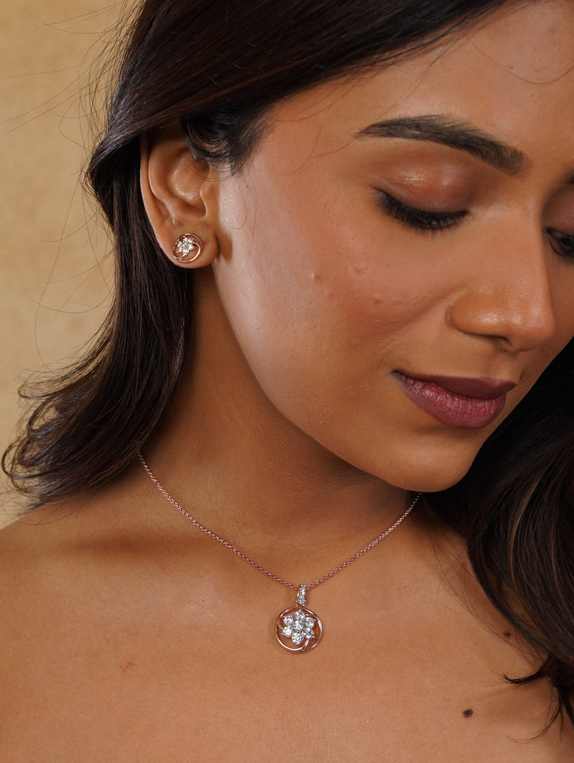 Flower Pendant Necklace With Earrings