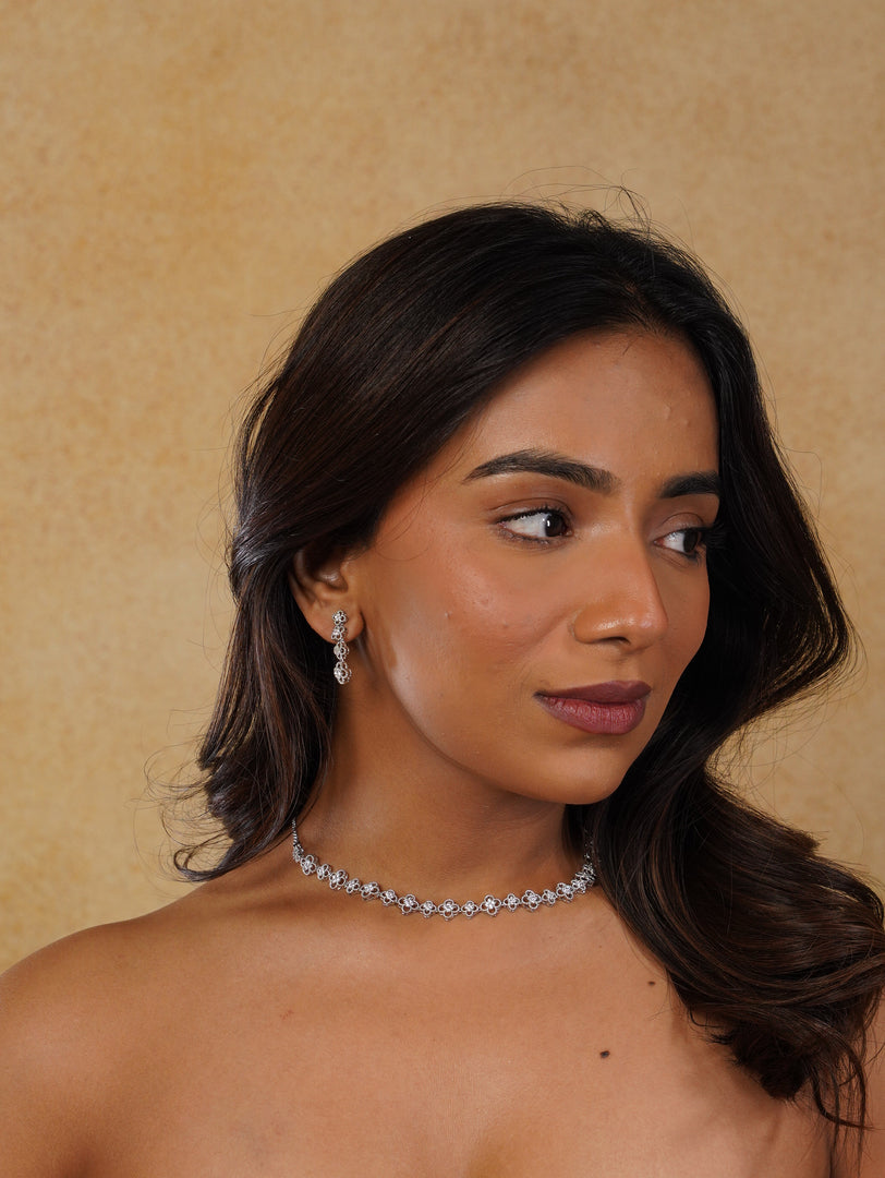 Flower Design Zircon Neckpiece With Earrings