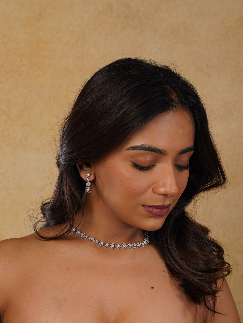Flower Design Zircon Neckpiece With Earrings