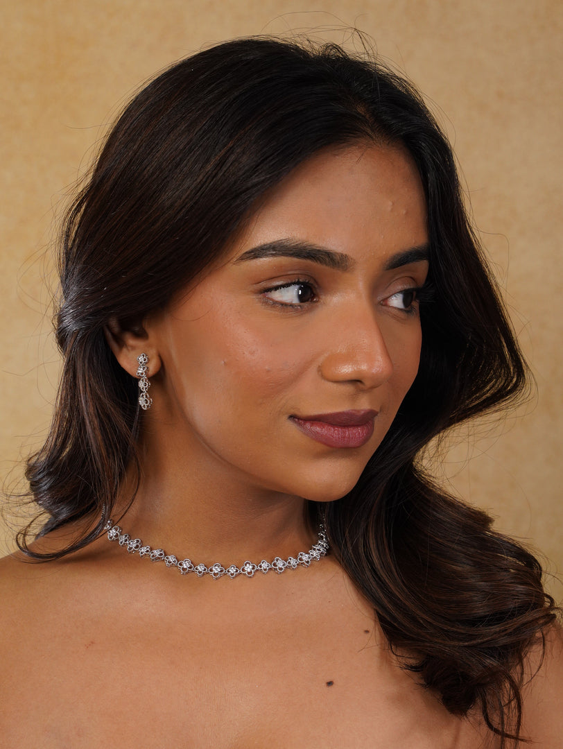 Flower Design Zircon Neckpiece With Earrings