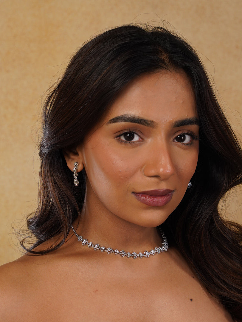 Flower Design Zircon Neckpiece With Earrings