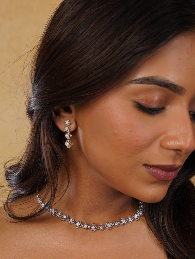 Flower Design Zircon Neckpiece With Earrings