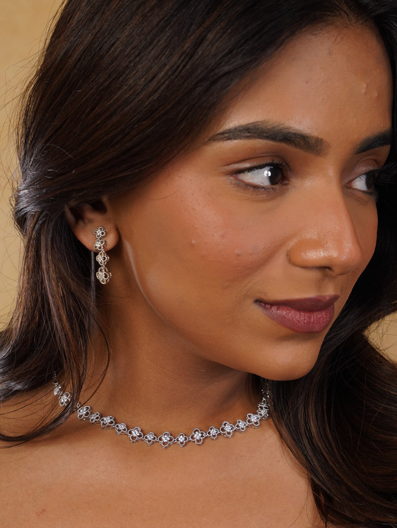 Flower Design Zircon Neckpiece With Earrings