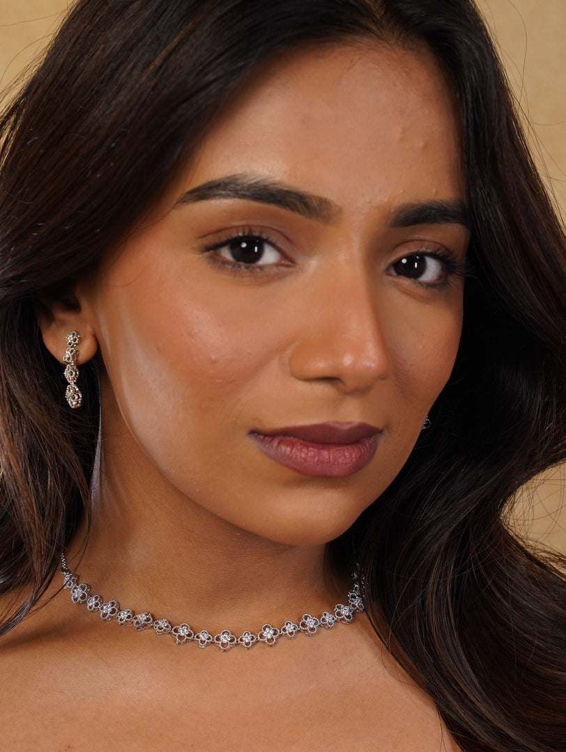 Flower Design Zircon Neckpiece With Earrings