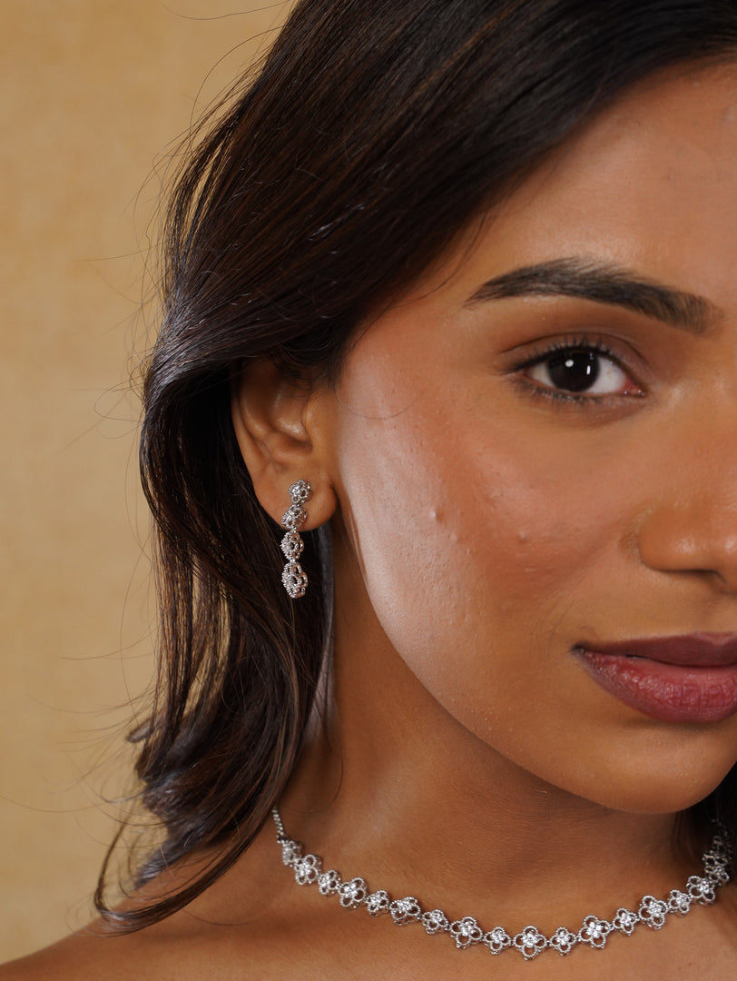 Flower Design Zircon Neckpiece With Earrings