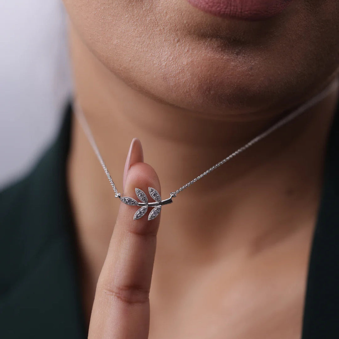 Leaf Necklace & Earrings Set, RHODIUM PLATED
