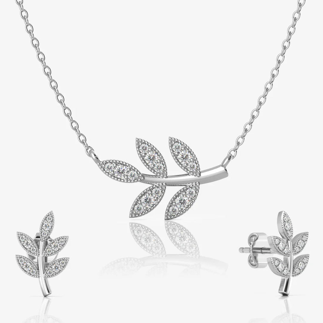 Leaf Necklace & Earrings Set, RHODIUM PLATED