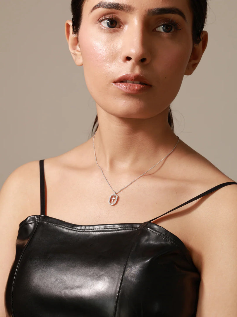 Sterling Silver Grace Cross Necklace, Rhodium Plated