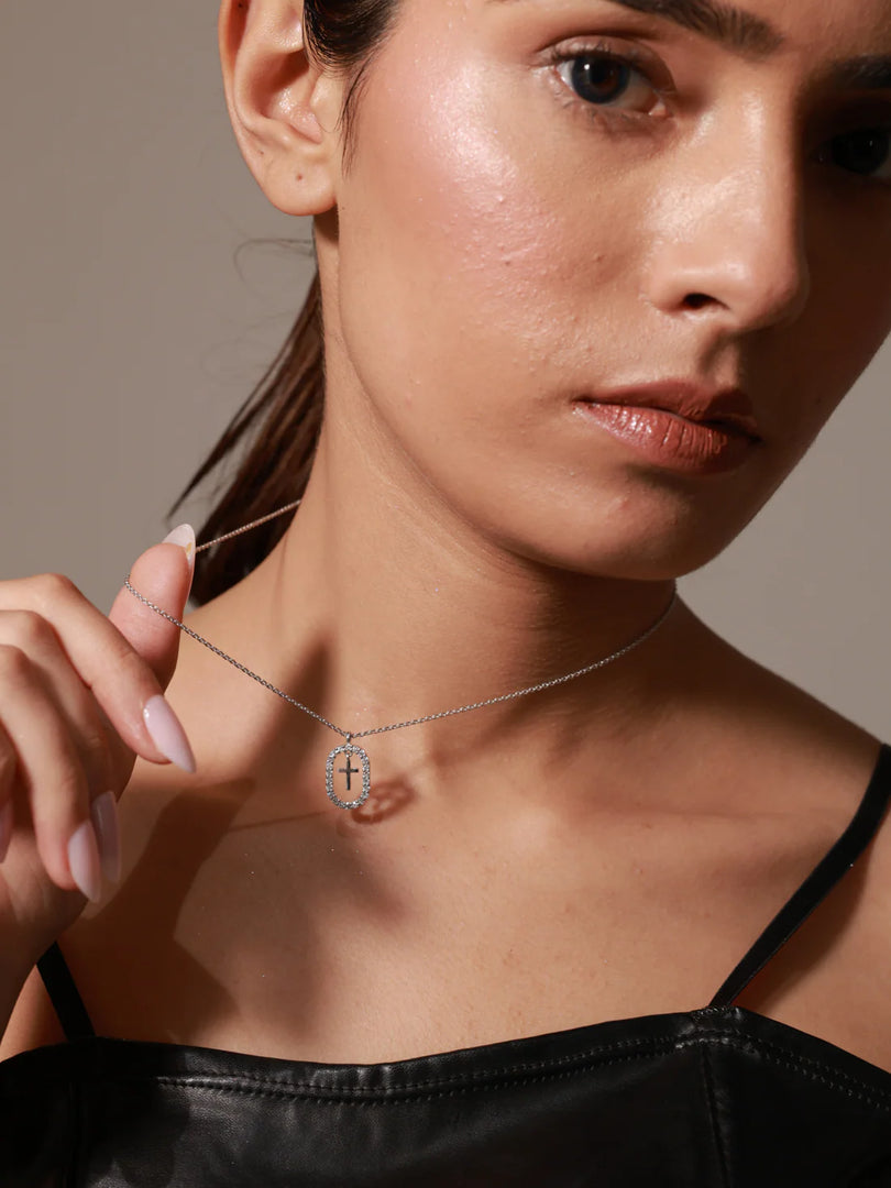 Sterling Silver Grace Cross Necklace, Rhodium Plated