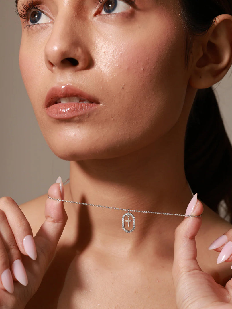 Sterling Silver Grace Cross Necklace, Rhodium Plated