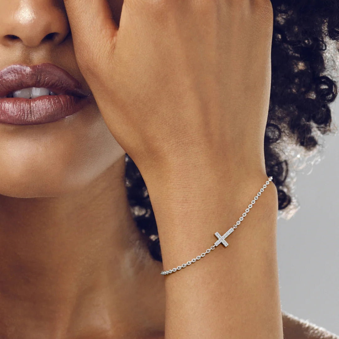 Silver Dainty Cross Bracelet, Rhodium Plated