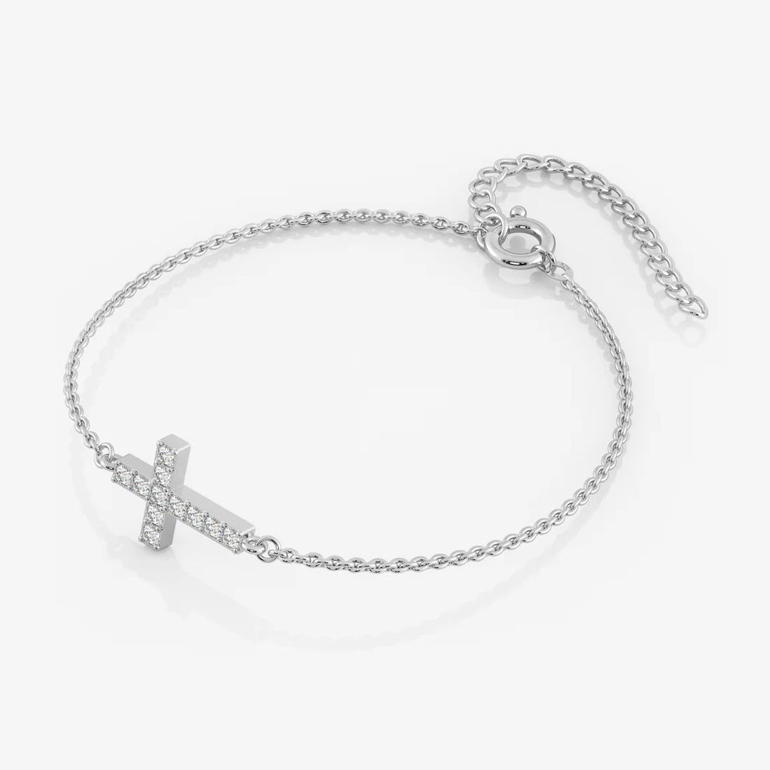 Silver Dainty Cross Bracelet, Rhodium Plated
