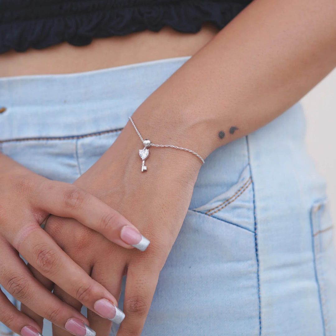 Silver Key Charm Bracelet, Rhodium Plated