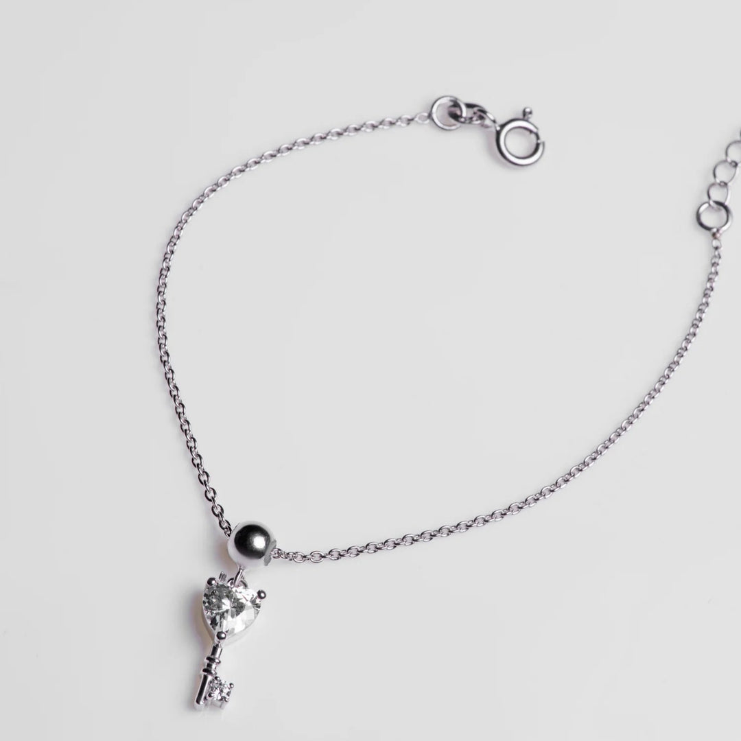 Silver Key Charm Bracelet, Rhodium Plated