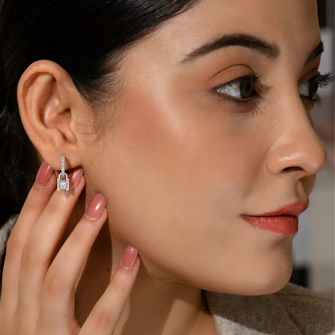 Silver Lock Hoop Earrings, Rhodium Plated