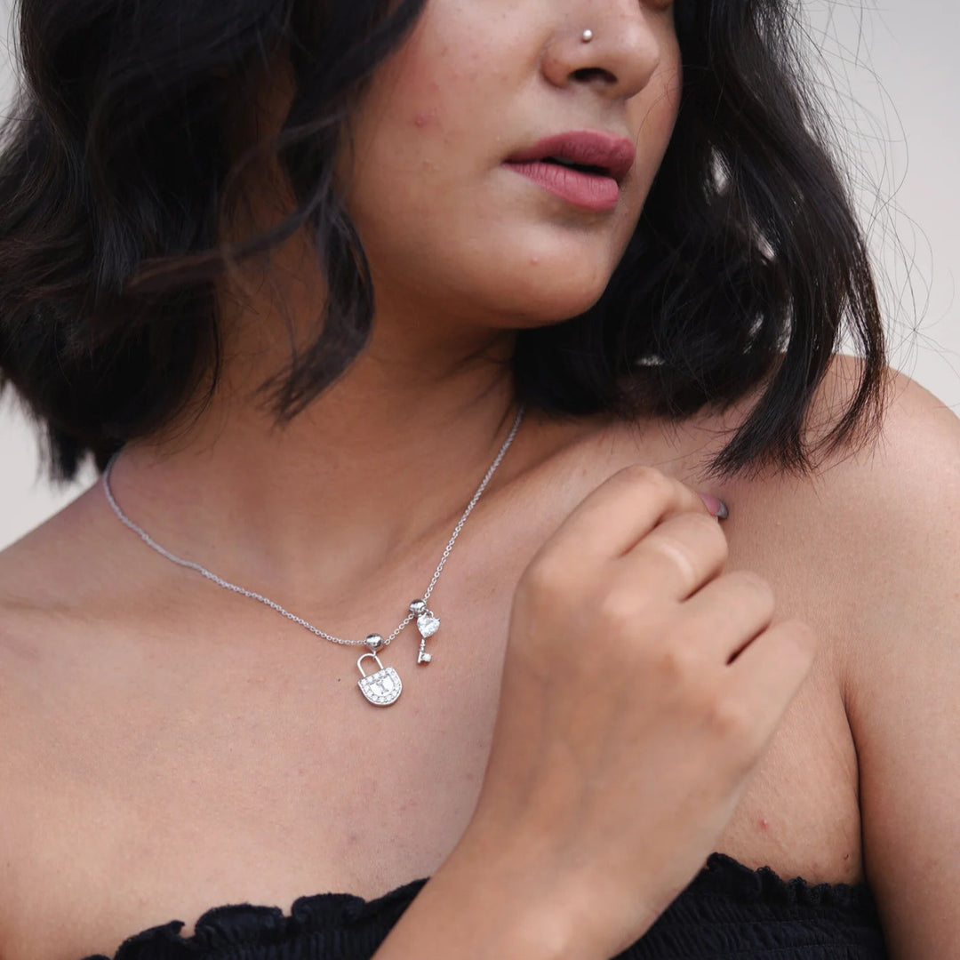 Silver Lock & Key Necklace, Rhodium Plated