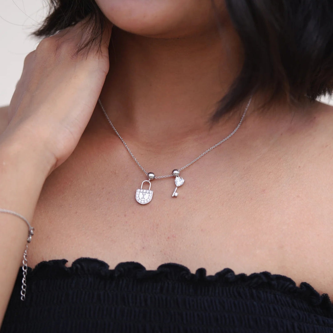 Silver Lock & Key Necklace, Rhodium Plated
