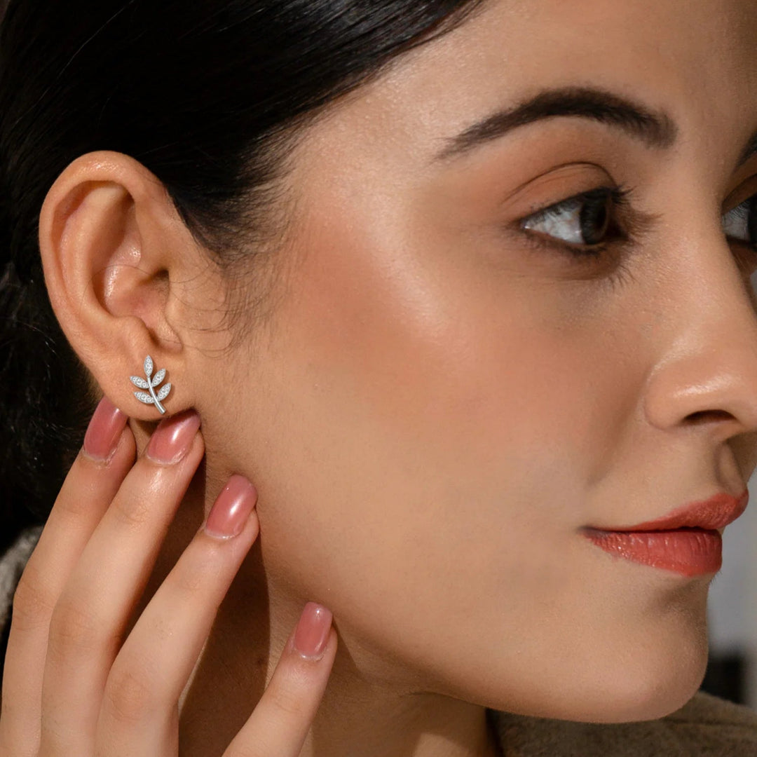 Silver Leaf Earrings, Rhodium Plated