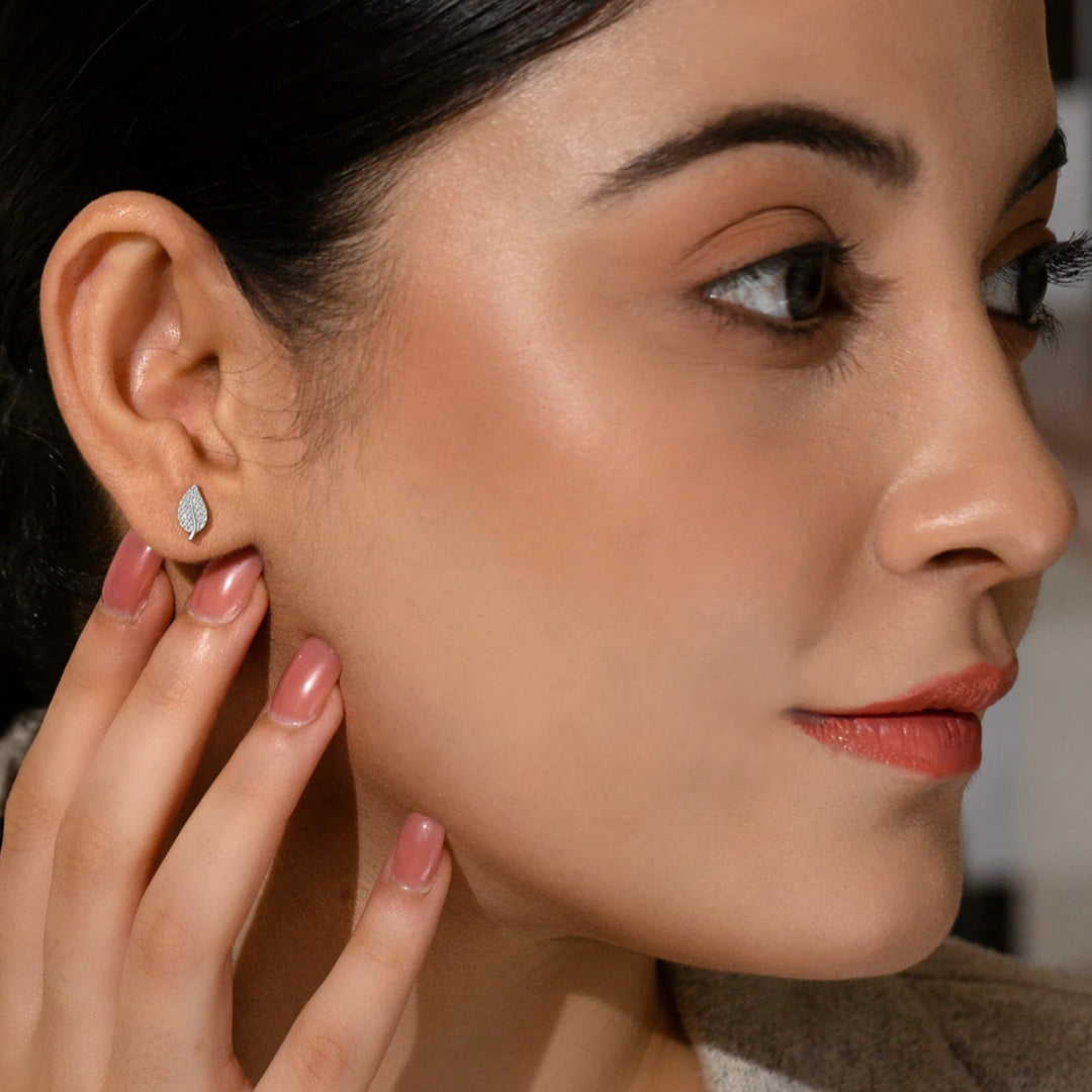 Silver Leaf Earrings, Rhodium Plated