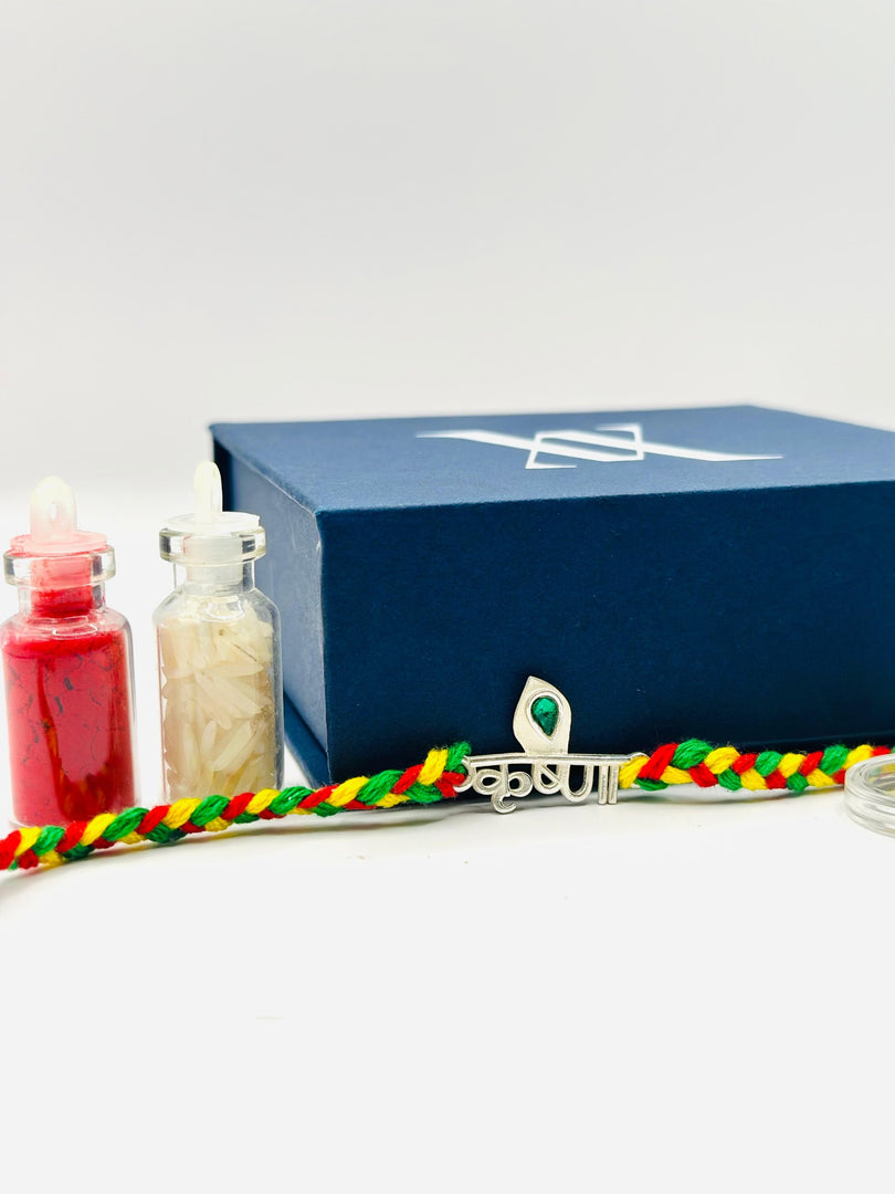Shree Krishna 925 Silver Rakhi With kumkum and Rice